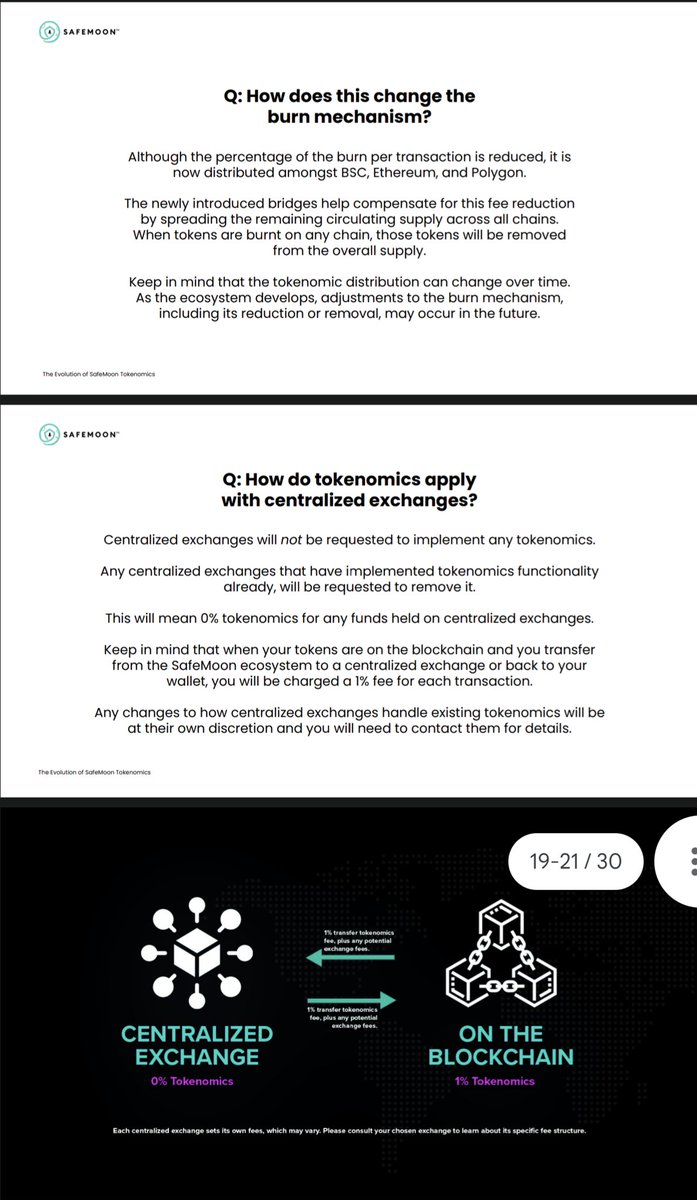 Danology10's tweet photo. Read these 3 slides. 0% Tokenomics on ALL CEX's, any current listings will be requested to remove Tokenomics. This was one of the core reasons holding #SafeMoon back from large listings and now that is no longer an obstacle (when this change is implemented).

Also the BURN! https://t.co/ieqvXNQlGH