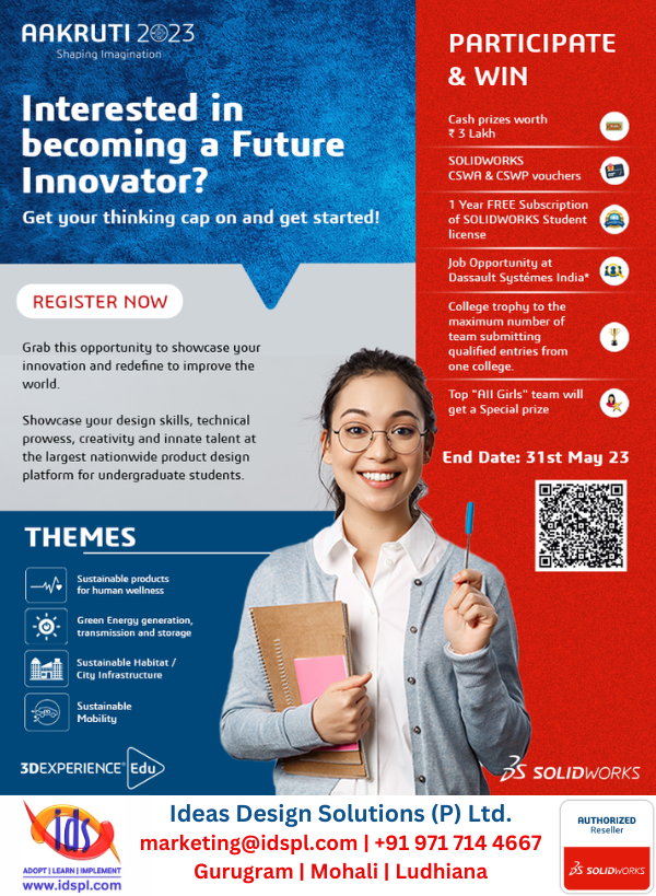 idspl's tweet photo. Attention! Students from Engineering Colleges
 
Register Now For the most popular Design Contest in India - AAKRUTI 2023

Link: https://t.co/5hhk79jINB

#AAKRUTI #AAKRUTI20223 #DesignContest #MechanicalDesign #productdesign  #SOLIDWORKS #3DEXPERIENCE #dassaultsystemes #3DS #idspl https://t.co/clroGi0SRT