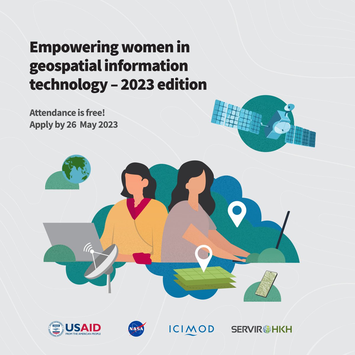 icimod's tweet photo. 📢Calling all women in the HKH region 👩💻
Are you interested in #EarthObservation & #geospatial information technology (#GIT)?
Apply now for this practical, hands-on training for #WomenInGIT 👉 https://t.co/yRM3aXmAKj
#DataIntoAction #SERVIRHKH #Space2Village #WomenInSTEM https://t.co/fir97trP1V
