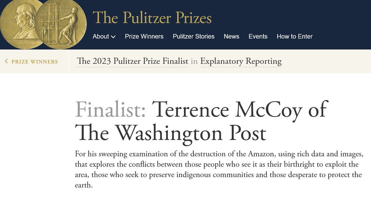 terrence_mccoy's tweet photo. Wow! Holy cow. I'm blown away by this recognition, and also hopeful that it will bring more attention to the importance of the Amazon forest, whose ongoing destruction imperils the entire world. https://t.co/AKf8rlpx0n