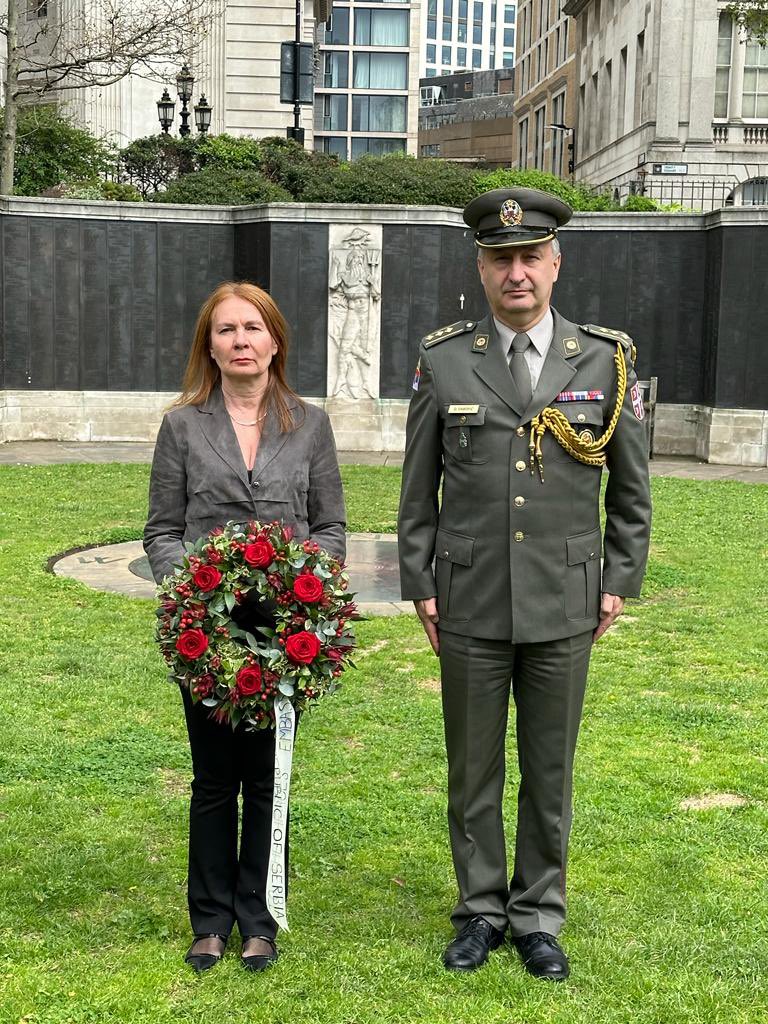 SRBinUK's tweet photo. Victory Day tribute to victims of WWII. Laying wreath on Tower Hill Memorial in London that commemorates the Merchant Navy and Fishing Fleets who died in both WW. Yugoslavian vessel Vojvoda Putnik was sank by German submarine in March 1943, 44 people on boat reported missing. https://t.co/2FcwLJXbJM
