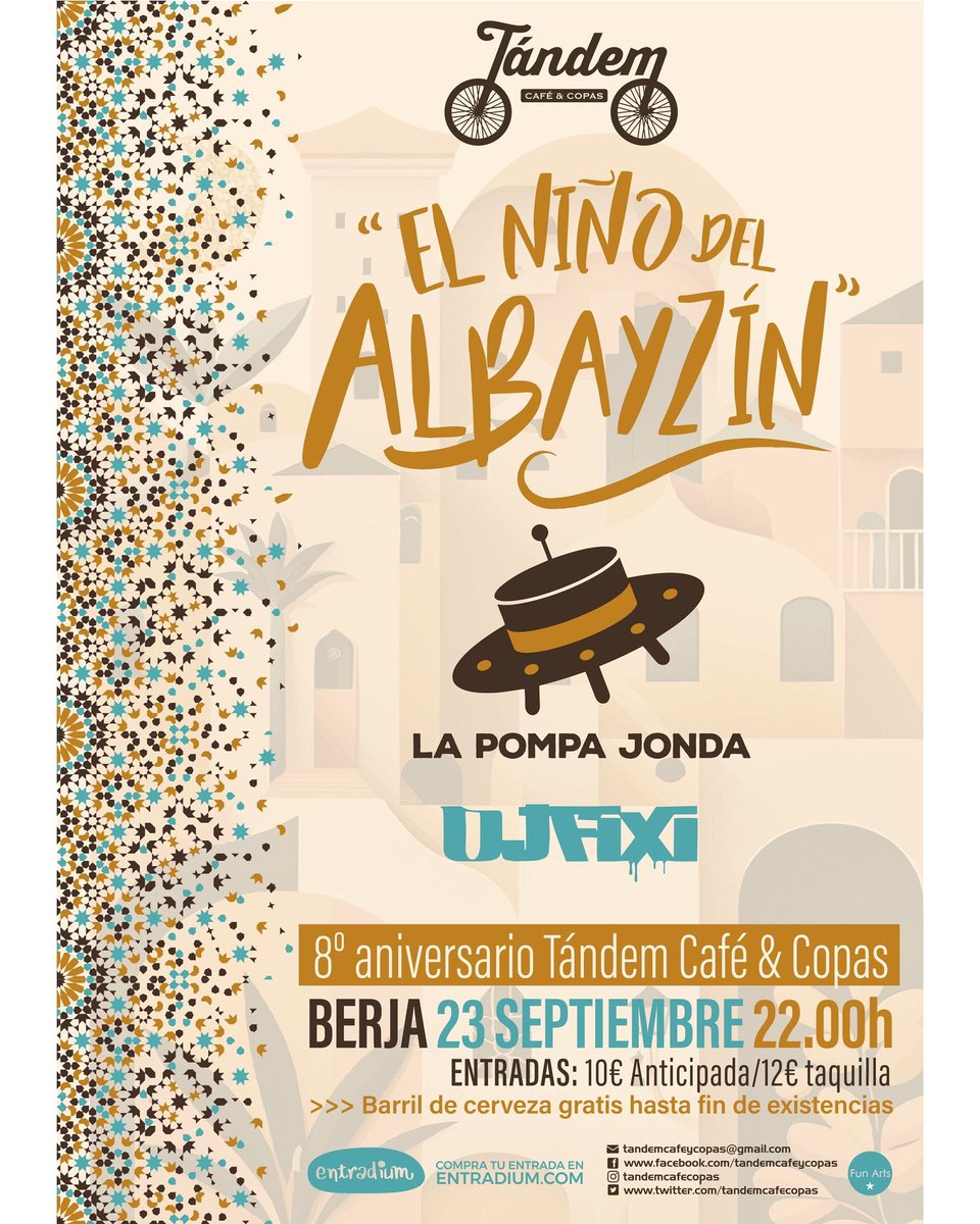Pomperos/as fiestón en Berja en el aniversario de Tándem Café &amp; Copas compartiendo escenario con el El niño del Albayzín y  djfixi___
Os pasamos enlace de entradas entradium.com/.../8-aniversa…