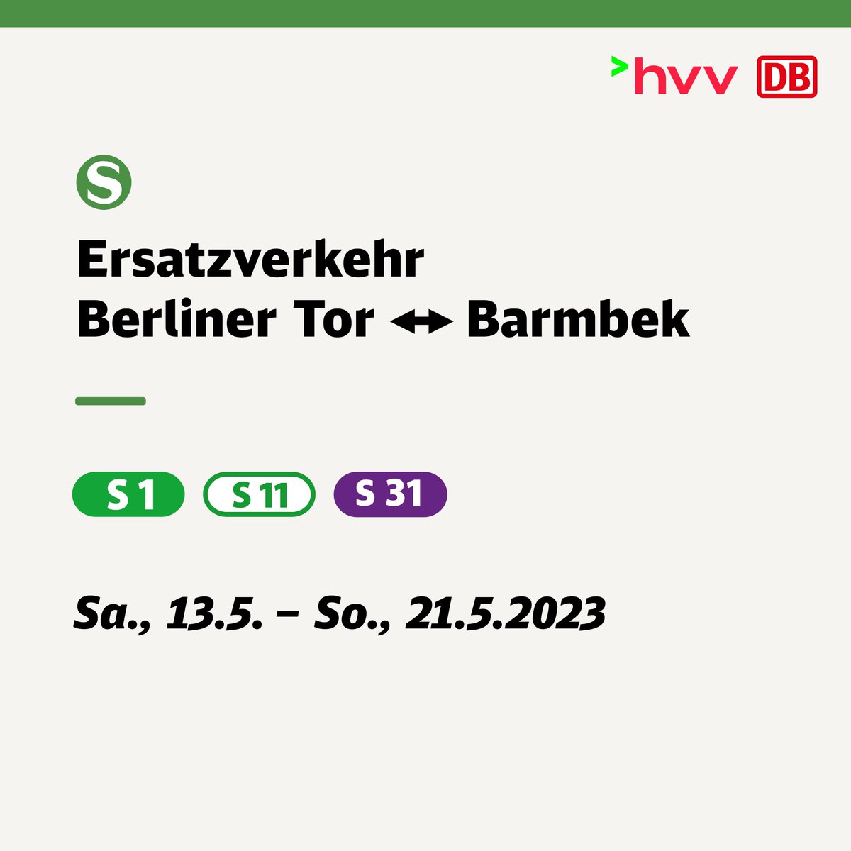 SBahnHamburg's tweet photo. 🚍Sa., 13.5. – So., 21.5. (Betriebsschluss) fahren zw. Berliner Tor ↔️ Barmbek auf der #S1 Busse statt S-Bahnen. Bitte nutzen Sie auch die U-Bahnen. Die #S11 entfällt. Ausfall #S31 zw. Hbf ↔️Berliner Tor. Grund: Bauvorbereitungen für #S4. Infos https://t.co/YR1JS6S8vh. https://t.co/PZNwE1QvXs