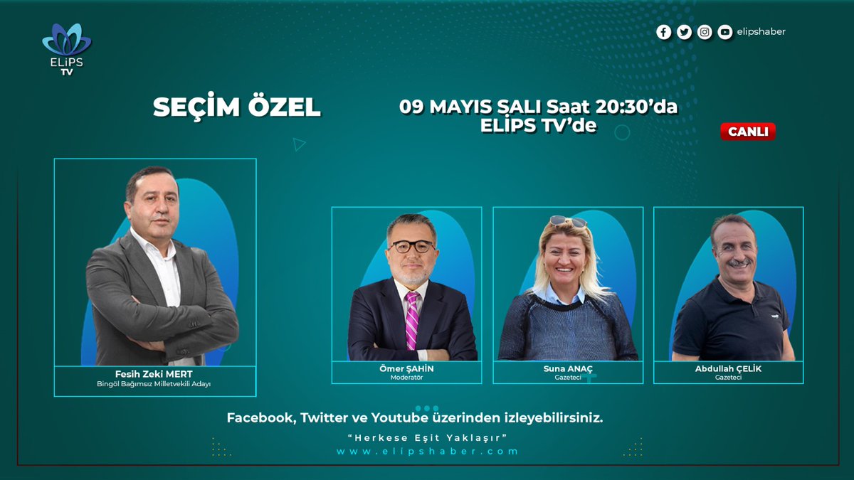 🔵Bu akşam Bingöl'den canlı yayın 

🔵Bingöl Bağımsız Milletvekili Adayı <a href="/fzekimert/">Fesih Zeki MERT</a> SEÇİM ÖZEL programının konuğu oluyor.

🔵Moderatör <a href="/omer_sahinn/">Ömer Şahin</a> Gazeteciler <a href="/sunaanac/">SUNA ANAÇ</a>  ve <a href="/Abdullahcelik12/">Abdullah ÇELIK</a> 

🕤20.30'da Elips Tv de
youtube.com/@elipshaber/fe…