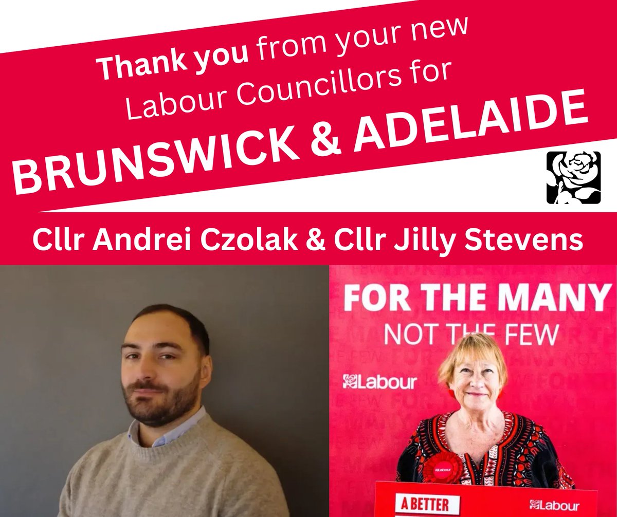 Introducing your new <a href="/bhlabour/">Brighton & Hove Labour Party</a> councillors for #Brunswick &amp; #Adelaide ward:

🌹 Cllr <a href="/AndreiCzolak/">Cllr Andrei Czolak</a>  
🌹 Cllr <a href="/jillystevens/">Jill Stevens</a> 

Both are very grateful for your support and to have been elected, and will work hard for all residents! 🙏