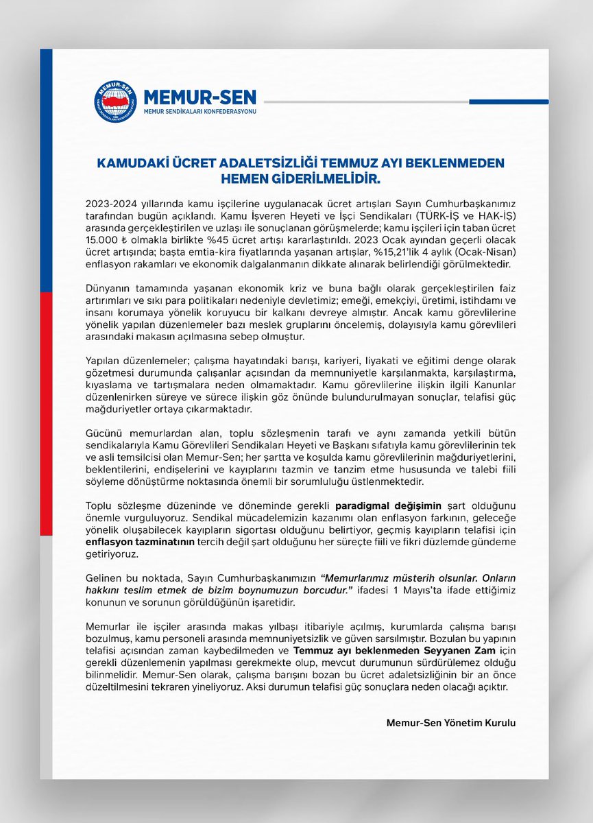 _aliyalcin_'s tweet photo. KAMUDAKİ ÜCRET ADALETSİZLİĞİ TEMMUZ AYI BEKLENMEDEN 
HEMEN GİDERİLMELİDİR

2023 ve 2024 yıllarında Kamu İşçilerine uygulanacak zam oranları belli oldu. Kamu görevlilerine Ocak ayında %30 maaş/ücret artışı yapılmıştı. 4 aylık %15,21 oranında enflasyon ve piyasada oluşan gerekçeler dikkate alınarak kamu işçileri için %45 artış yapıldı. 

Kamu işçileri için geçerli olan sebeplerin başta kamu görevlileri olmak üzere bütün çalışanlar için geçerli olduğu unutulmamalıdır. Verilen kararlarda, çalışanlar arasında ayrım ya da tercih olarak görülmesine fırsat verilmemelidir.

Gelinen bu noktada, Sayın Cumhurbaşkanımızın “Memurlarımız müsterih olsunlar. Onların hakkını teslim etmek de bizim boynumuzun borcudur.” ifadesi 1 Mayıs’ta alenen ifade ettiğimiz konunun ve sorunun görüldüğünün işaretidir. 

Kamu görevlilerine Temmuz ayında toplu sözleşme artışı, enflasyon farkı ve bunlara ilave olarak Refah Payı verileceği ifade edilmişti.
Talebimiz, kayıpların telafisi için Temmuz ayı beklenmeden, çalışma hayatında barışı tesis edecek, taban ve tavan arasında açılan makası daraltacak Seyyanen Zammın vakit kaybedilemeden yapılmasıdır. 

Kamu hizmetinin yerine getirilmesinde asli görev üstlenen, bütün zorlu şartlara rağmen görevini eksiksiz icra eden kamu görevlileri, beklentilerin karşılanmasını, kayıpların giderilmesini beklemektedir. 
Bu çerçevede Memur-Sen olarak; çalışma barışını bozan, unvanlar arasında uçurumu büyüten bu ücret adaletsizliğinin bir an önce düzeltilmesini tekraren yineliyoruz.

▫️https://t.co/oSfhPNjBp3
