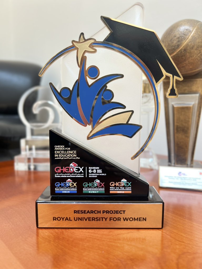 RUWBahrain's tweet photo. We proudly announce that research project on motivations of Young Women Volunteers during COVID-19 by Dr. Debashish Sengupta &amp; Sh. Dwa Al Khalifa has been honored with a distinguished award as the Best Research Project in the Kingdom of Bahrain (2022-23) at GHEDEX 2023. https://t.co/QPs2QPj7gv