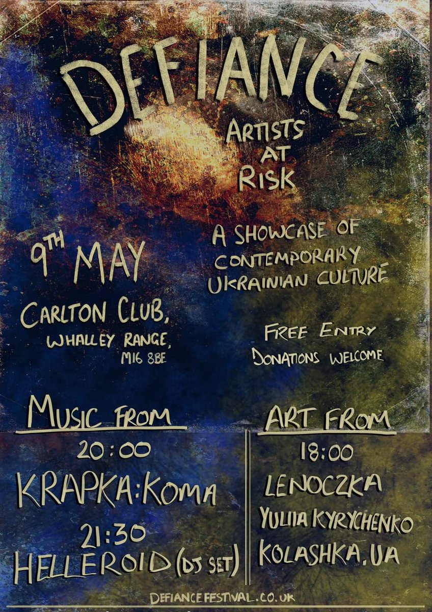 Tonight playing in Manchester as a part of a fundraising event for Ukraine! 🇺🇦

📍 The Carlton Club
maps.app.goo.gl/jDHfGa6Eo15VwF…
⏰ We start: 8pm

So happy to be accompanied by the art of our friends <a href="/na_nol/">Nola Nan</a> and Yuliia Kyrychenko and a DJ set by Helleroid 😍

See you in Manchester? 😉