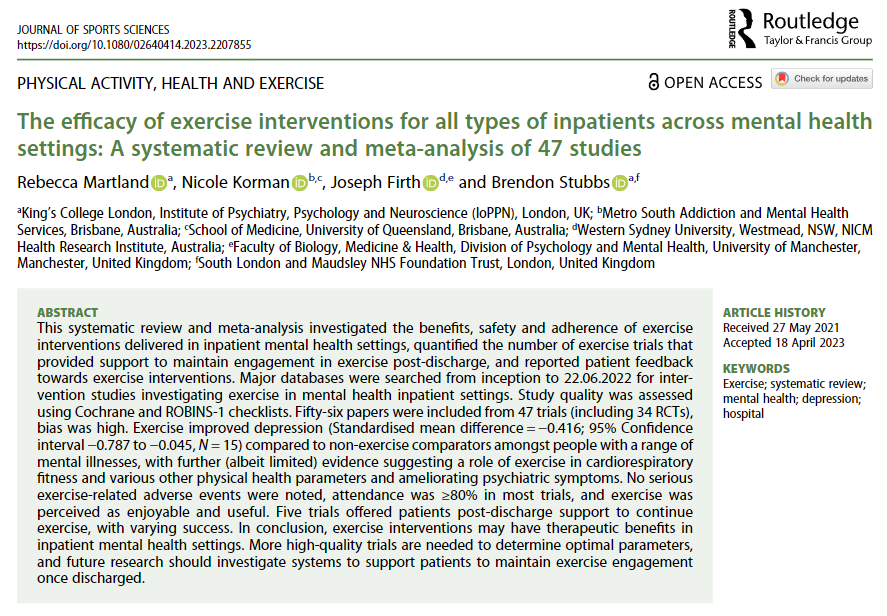 Nicholas Fabiano, MD (@ntfabiano) on Twitter photo We need to get inpatients moving 🏃🏋️♀️
A new study by <a href="/MartlandRebecca/">Rebecca Martland</a> et al. in <a href="/JSportsSci/">Journal of Sports Sciences</a> found that exercise improved depression with benefits in cardiorespiratory health and various other physical health parameters for inpatients across mental health settings. @PhysMentManc We need to get inpatients moving 🏃🏋️♀️
A new study by <a href="/MartlandRebecca/">Rebecca Martland</a> et al. in <a href="/JSportsSci/">Journal of Sports Sciences</a> found that exercise improved depression with benefits in cardiorespiratory health and various other physical health parameters for inpatients across mental health settings. @PhysMentManc