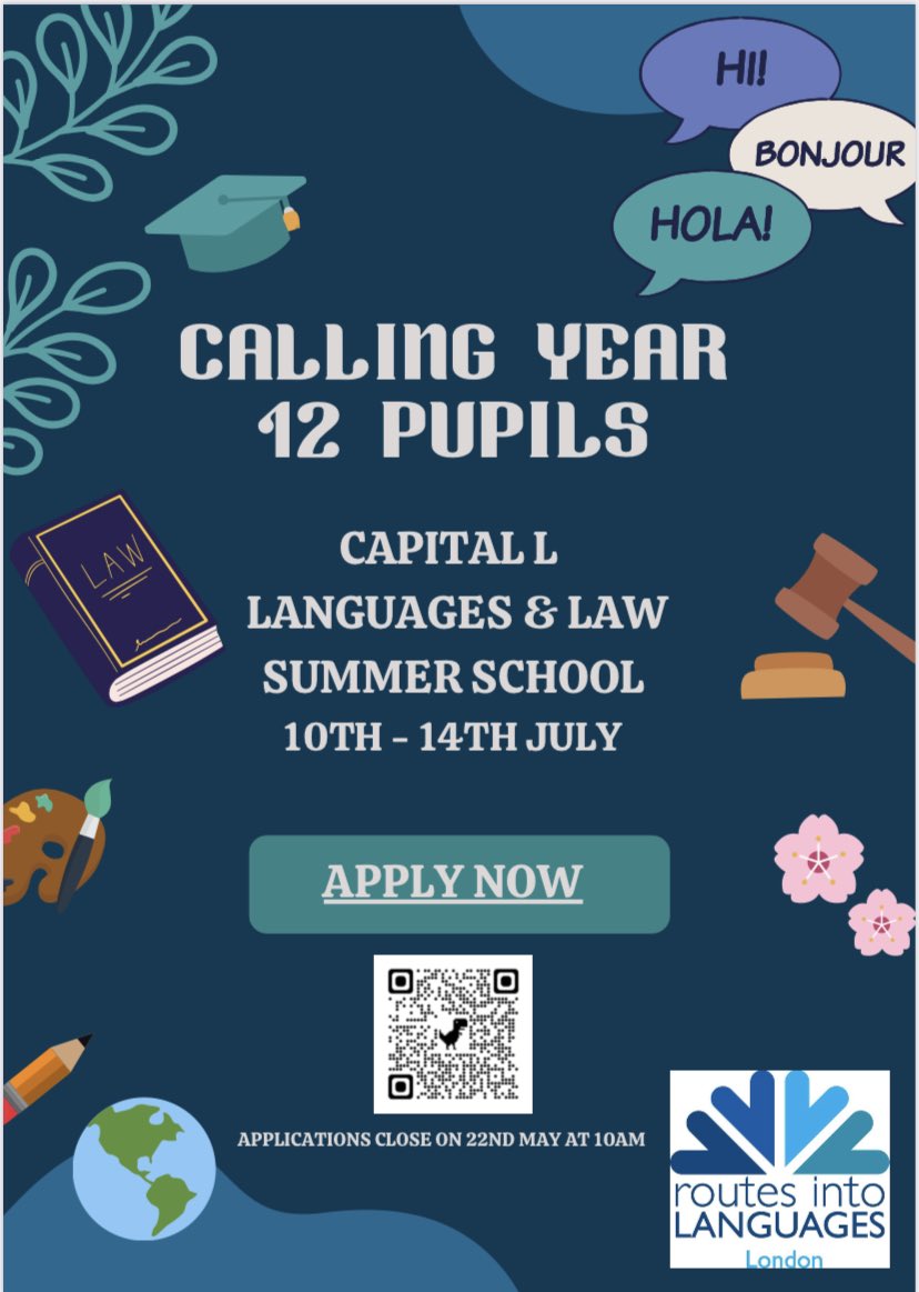 RilCapital's tweet photo. YEAR 12 PUPILS- find out more about studying Languages and Law at university by taking part in our Capital L Summer School!👩‍⚖️📚  https://t.co/wVogdf5yRq https://t.co/MN7PvwUMJ4
