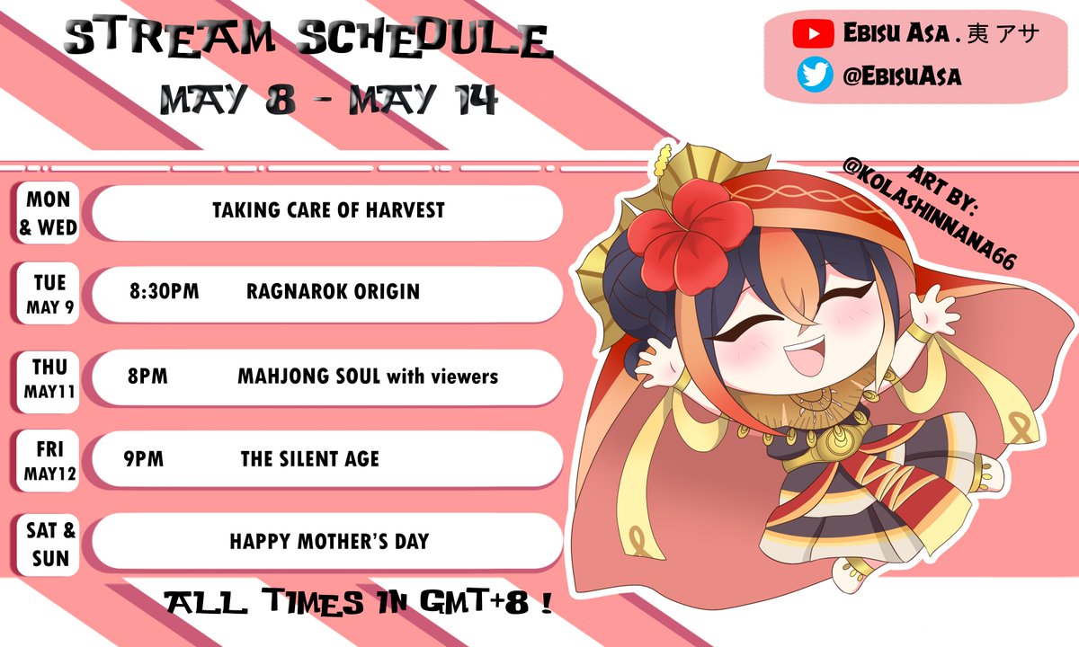 EbisuAsa's tweet photo. Here's my schedule for this week !!!
Be sure not to miss it !!!
Chibi art by @kolashinnana66
#AsaGoFly #myvt #myvtuber #ENVtuber https://t.co/8RSSZe5OYy