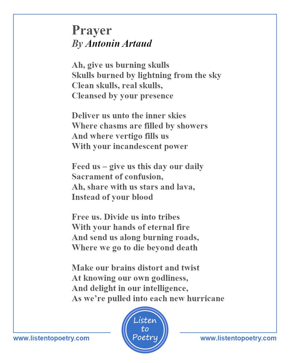 ListentoPoetry's tweet photo. Listen to #Prayer by #AntoninArtaud, #Frenchpoet #dramatist #artist #actor and #theatredirector translated by #RJDent on #ListentoPoetry 
https://t.co/nOlbKhZ5QJ 
#Poetry #PoetryCommunity #FrenchPoet @rjdent https://t.co/o0I4iYerDO