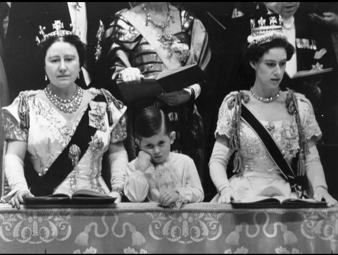 King Charles III on the Buckingham palace balcony after his mother’s coronation, 1953.