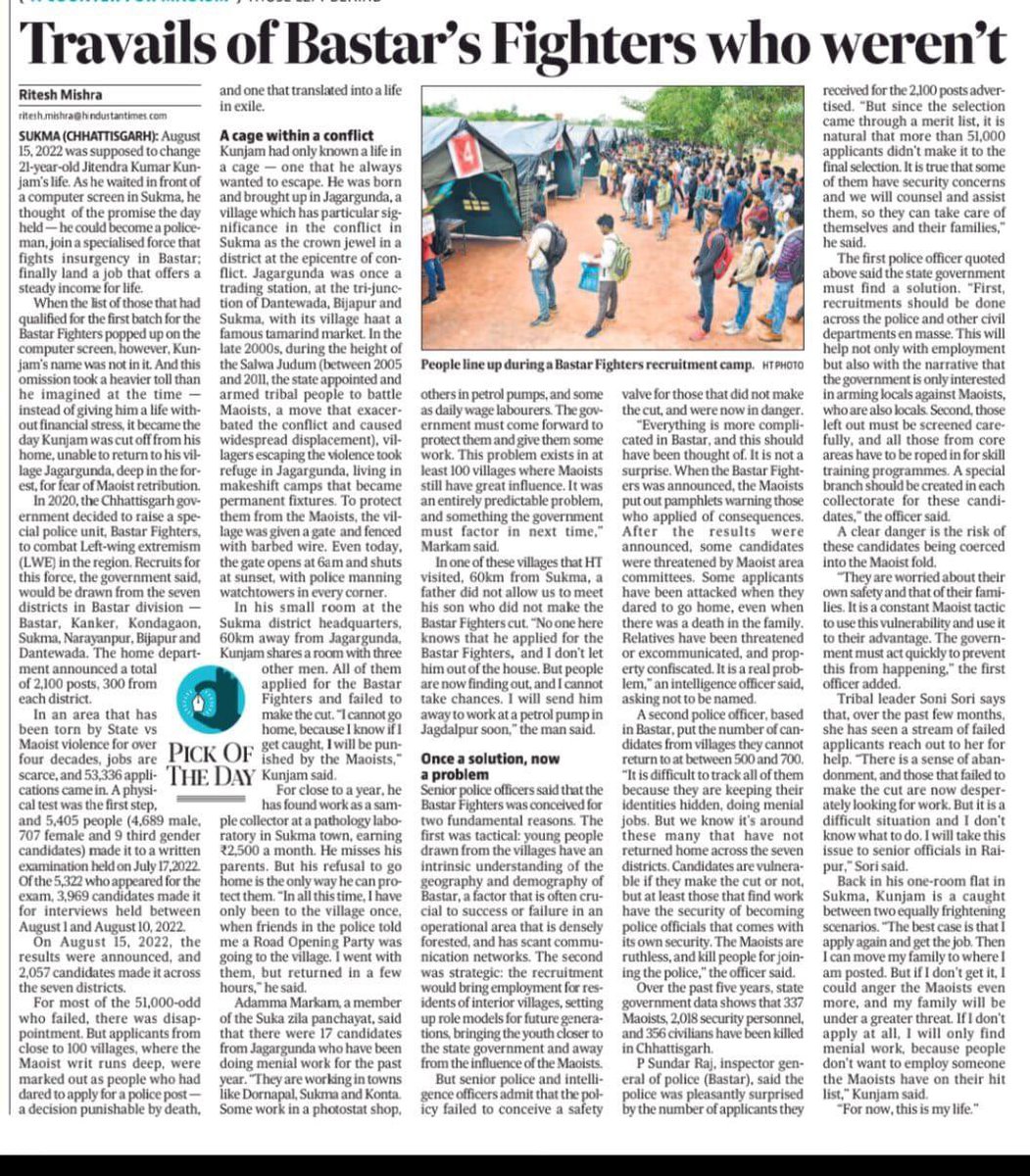 Out of 53000 applications 2057 finally selected as Bastar Fighters. Remaining 51000 odd youth finding it tough to return to their villages due to the life threat from the Maoists who are against the youth joining the force.

Reports Senior Journalist @riteshmishraht for @htTweets