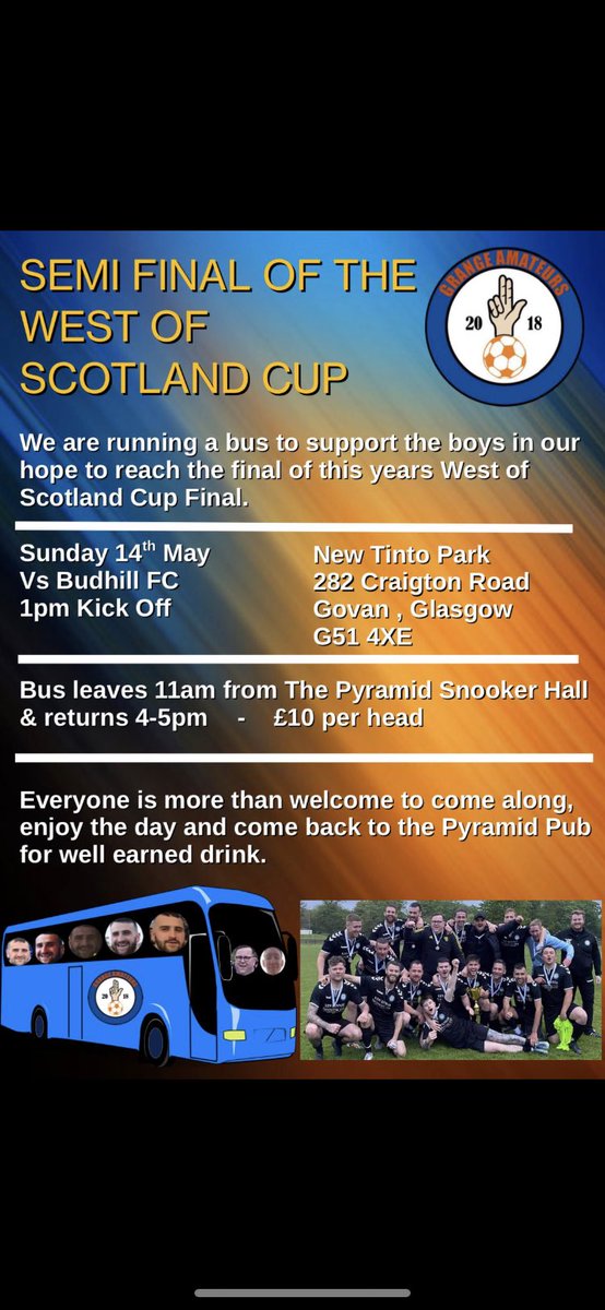 Massive Game this Sunday‼️ Get along and support the troops as we look to book our place in the final of the <a href="/ScotAmFAWest/">West of Scotland Cup</a> for the first ever time. Plenty of space on bus if anyone is interested, just drop us a message or any of the lads to get a space! 🔵⚪️🟠⚫️