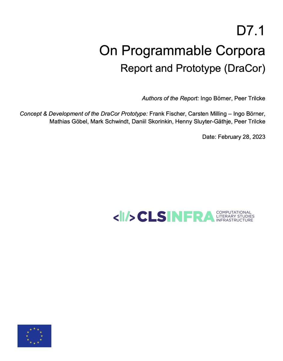 Ever wondered what "Programmable Corpora" ("ProCor") are?

As part of the #EUfunded project <a href="/CLSINFRA/">CLS INFRA | @CLSinfra@fedihum | @clsinfra.bsky</a>, <a href="/ingoboerner/">Ingo Börner</a> &amp; me (supported by <a href="/umblaetterer/">Seamus Justin</a> et al.) wrote a looong report about the ProCor concept &amp; #DraCor as a ProCor prototype. 

Read the report: doi.org/10.5281/zenodo…