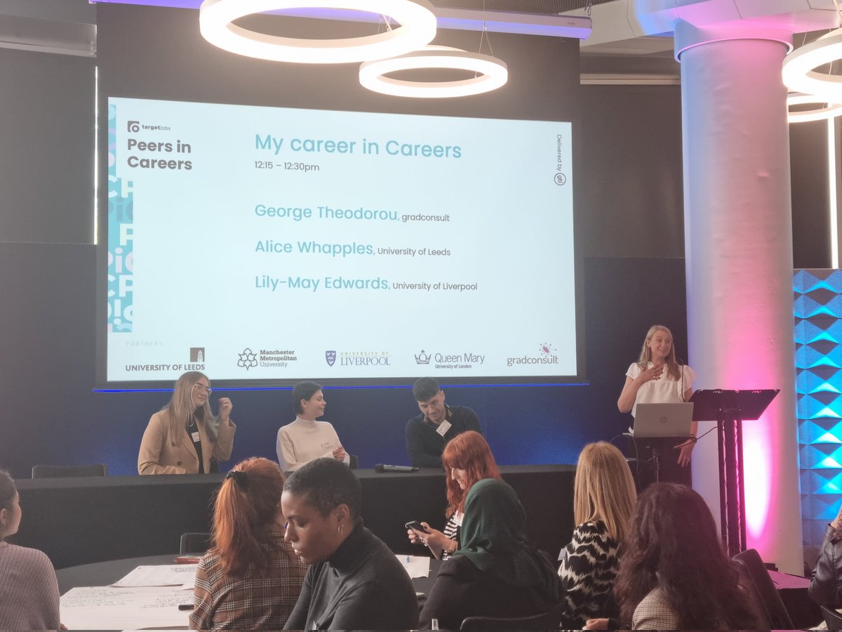 Alice @LeedsUniCareers on panel about her career journey from Employability & Progression Assistant to getting permanent role in Global Opportunities. Also on panel George & Lily- May from Liverpool University who now work in Liverpool Careers Service and @gradconsult.