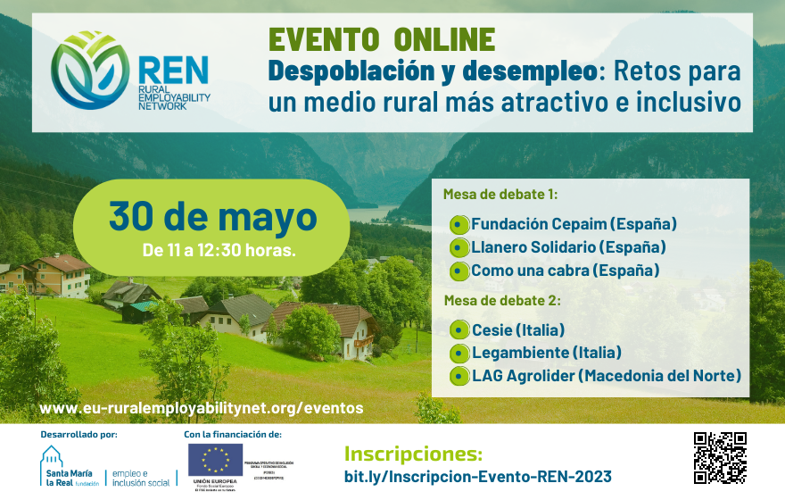 AreaEmpleoFSMLR's tweet photo. 📣El 30 de mayo #RuralEmployabilityNetwork 🍃👥 celebra el #EventoOnline 💻: ‘Despoblación y Desempleo: Retos para un medio rural más atractivo e inclusivo’ #Entidades exponen casos de éxito de #inserción en #zonasrurales 🌳 de #Europa 🇪🇺 ¡Te esperamos! https://t.co/koc2OECwQr https://t.co/CpGDvNewvM