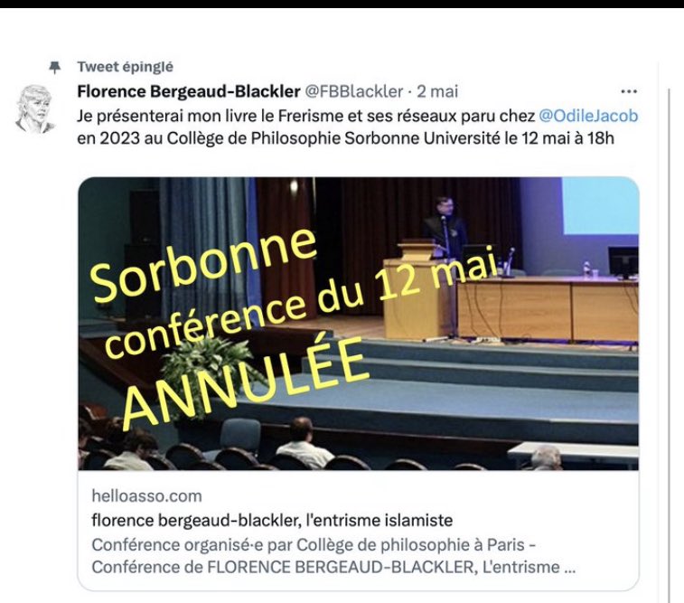 jeanpaulmulot's tweet photo. C’est pitoyable. @Sorbonne_Univ_ censure la conférence sur le frérisme de @FBBlackler, chercheuse au @CNRS alors qu’on laisse l’assassin de Georges Besse et du Gal Audran, qui trouvait  “courageux” les auteurs des attentats islamistes de 2015, fanfaronner sur le campus de Bordeaux.
#Wokisme #frerisme #censure