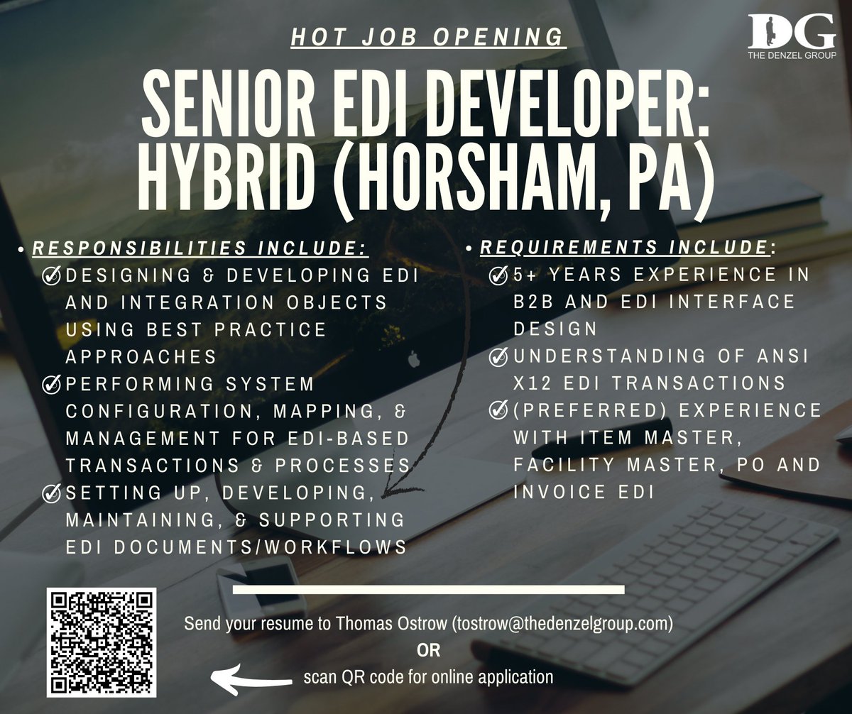 Are you an EDI Developer in Eastern PA?  If you've got your eyes peeled 👀 for your next career move, keep those peepers right here!

thedenzelgroup.com/job/e972ce46-f…

#EDIdeveloper #hybridwork #techindustry #easternPAjobs #hybridjobs #ITrecruiting #hotjob #TheDenzelGroup
