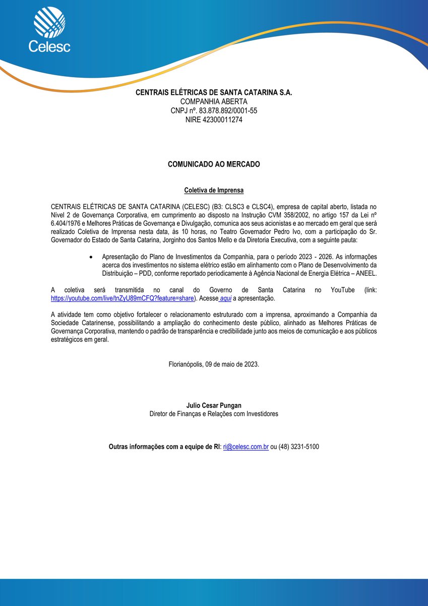 CalixtoCapital's tweet image. #CLSC | CELESC | Comunicado ao Mercado