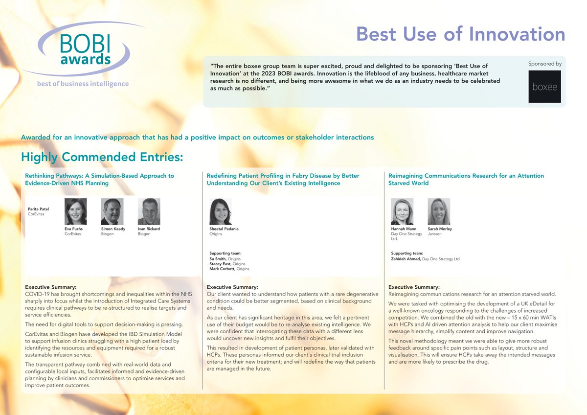 BHBIAssociation's tweet photo. Congratulations to the Best Use of Innovation finalists #bobiawards

@corevitasdata &amp; @biogen
@OriginsPatients
Day One Strategy Ltd &amp; @JanssenUK

And thanks to award sponsor boxee group https://t.co/wqbzXdryKc