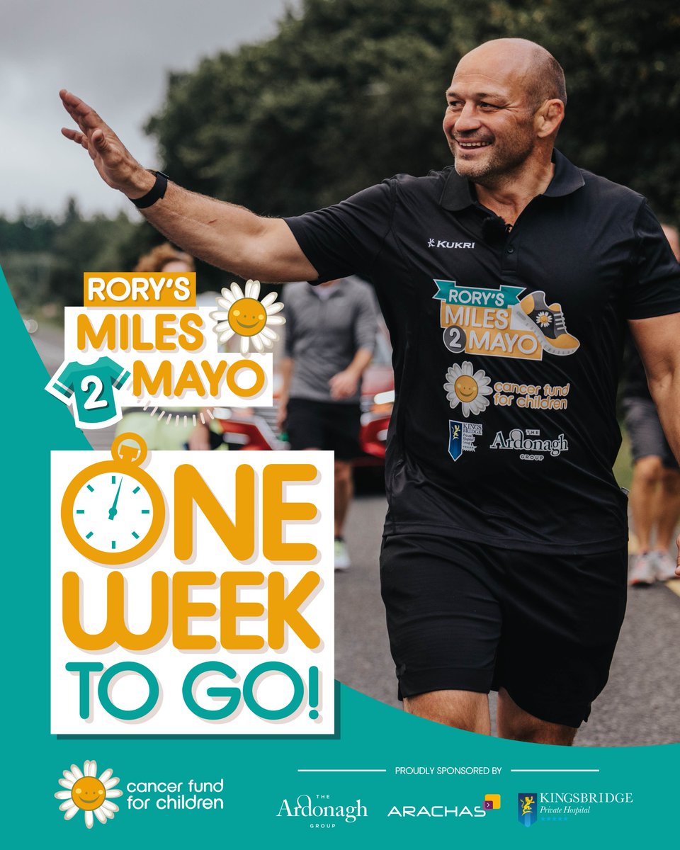Just one week to go until @RoryBest2 steps out on his epic challenge across Ireland to raise funds for @CancerFundChild. @Ardonagh and @_Arachas_ are delighted to once again be getting behind Rory and this wonderful cause. Give your support at rorysmiles2mayo.com