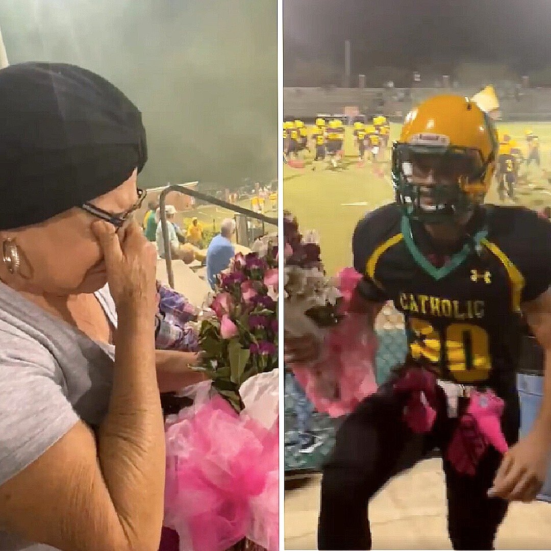 A 16-year-old high school footballer in his final game of the season took to the stands to deliver flowers to his grandmother battling breast cancer.
Read more in reply 👇