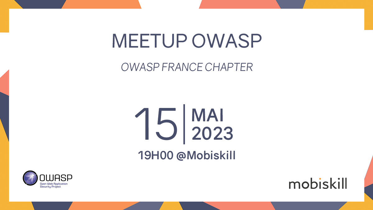 Rdv le 15 mai pour le prochain #OWASP - Paris Chapter !
OWASP Paris est le #meetup dédié à la sécurité applicative et propose des sessions organisées en mode "forum ouvert". 
Pour plus d'infos et s'inscrire : meetup.com/owasp-france/e…