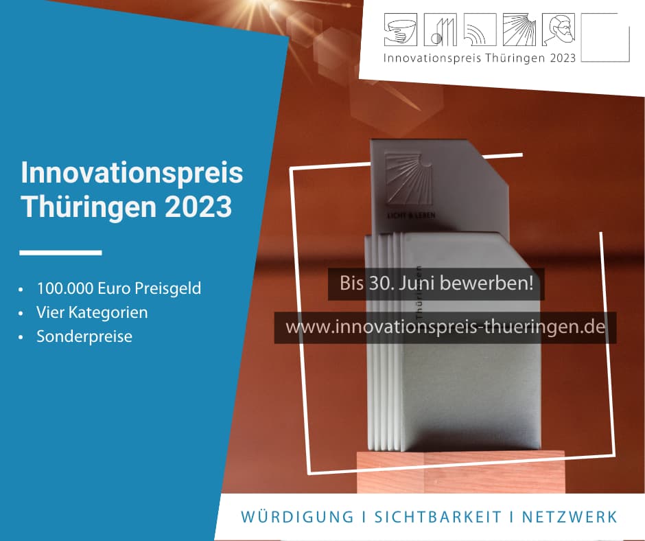 ++Thüringer Innovationspreis++ 
Werden Sie Teil der Erfolgsgeschichten, die unsere #Region vorantreiben. Bewerben Sie sich noch heute bis zum 30. Juni 2023 für den "Thüringer #Innovationspreis" und setzen Sie ein Zeichen für zukunftsweisende #Lösungen. 
👉bitly.ws/EezZ