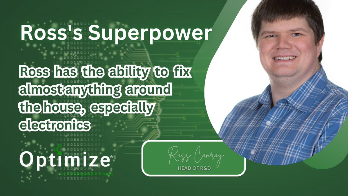 OptimizeNowAI's tweet photo. Meet @RossCon our Head of Research and Development! Love his superpower! #TeamOptimize https://t.co/4LkNoev4VP