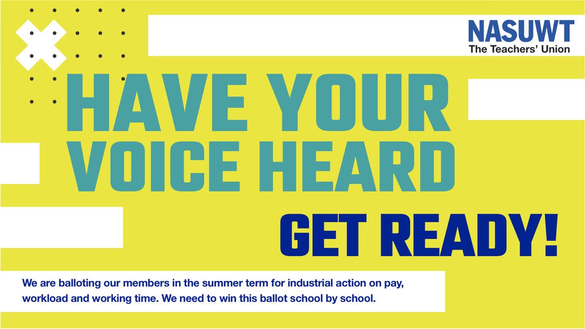NASUWT: Members in state funded schools &amp; sixth forms in England are going to be balloted over pay, workload &amp; working time.

Don't miss out-make sure your contact details are up to date.

nasuwt.org.uk/contact-us/upd…

#betterdealforteachers