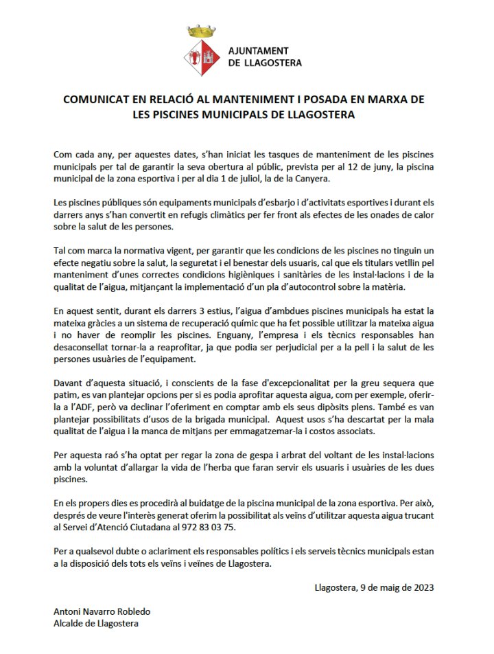 📢Comunicat en relació al manteniment i posada en marxa de les piscines municipals de #Llagostera. 

👀👉llagostera.cat/noticies/2102/…