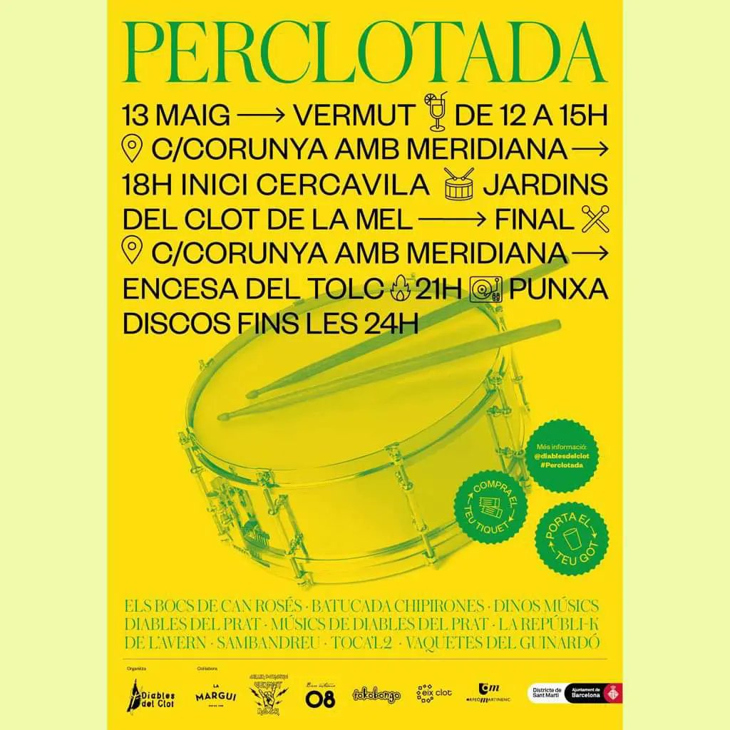 ClotFede's tweet photo. Dissabte 13 de maig, PERCLOTADA
A les 12 #vermut a Corunya amb Meridiana
A les 18h Inici de la #cercavila
Final de cercavila a Corunya amb Meridiana
A les 21h Estrena del Toc del Tolc de @xavier_muixench
#CulturaPopular #Diables #tabals #tabalada #percussio #FemBarri #SomClot https://t.co/rEg9pdgm0R