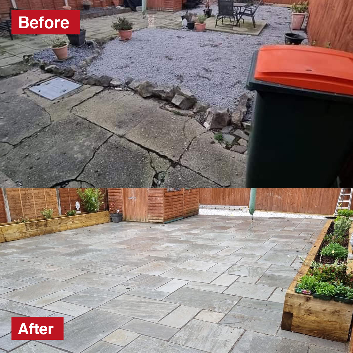 Check out this fantastic before &amp; after transformation of a garden landscaping project by our customer, TKO Building Contractors!

We're proud to have supplied materials including Indian Sandstone paving slabs in Light Grey and timber sleepers for the flower beds.