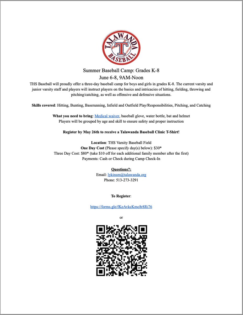 Talawandabaseb1's tweet photo. Talawanda Baseball will conduct its Summer Baseball Camp June 6-8 from 9-Noon. I have attached the flyer below. The link to sign up is: https://t.co/xx799y0nNa.

We look forward to seeing you! https://t.co/01VeAkkcfj