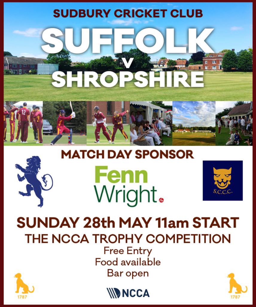 We are delighted to be hosting @suffolkcricket in a few weeks time as they face @shropshireccc 

Bar and food will be available so make sure to put the date in your diary

#CountyCricket2023 #suffolkcricket