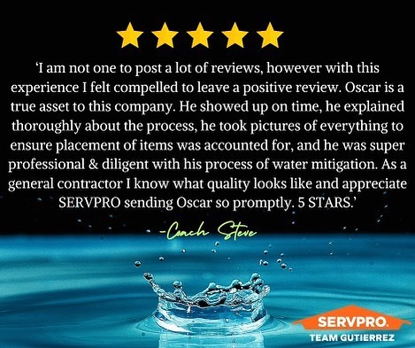 Thank you to our customer for this thoughtful #GoogleReview! Excellent customer service matters to us. It's our goal!
#TestimonialTuesday #customersfirst #firedamage #waterdamage #restoration #propertydamage #SERVPRO #Rockville #SilverSpring #Laurel #Greenbelt #TeamGutierrez