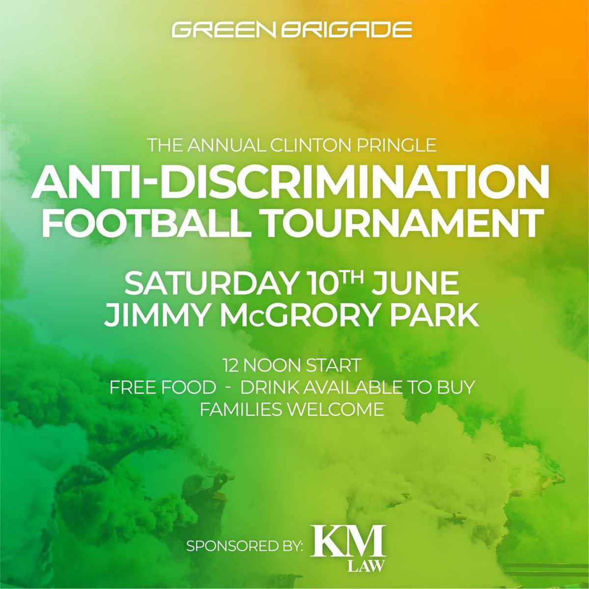 The Green Brigade Anti-Discrimination Tournament is back and will take place on Saturday the 10th of June at James McGrory Park, home of St Roch’s. 

Free food available inside along with drinks to purchase.