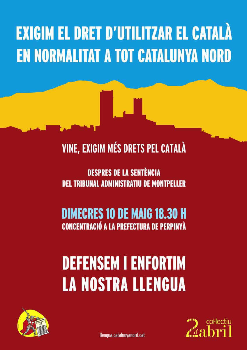 👅 Hem de poder utilitzar el català en els plens municipals!

📢👫 Fem una crida a mobilitzar-nos per donar suport als batlles d’Elna, els Banys, Tarerac i Portvendres

📅 10 de maig 
⏰ 18.30 h 
📍Prefectura de Perpinyà