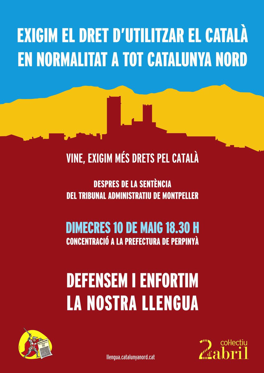 👅 Hem de poder utilitzar el català en els plens municipals! 📢👫 Fem una crida a mobilitzar-nos per donar suport als batlles d’Elna, els Banys, Tarerac i Portvendres 📅 10 de maig ⏰ 18.30 h 📍Prefectura de Perpinyà