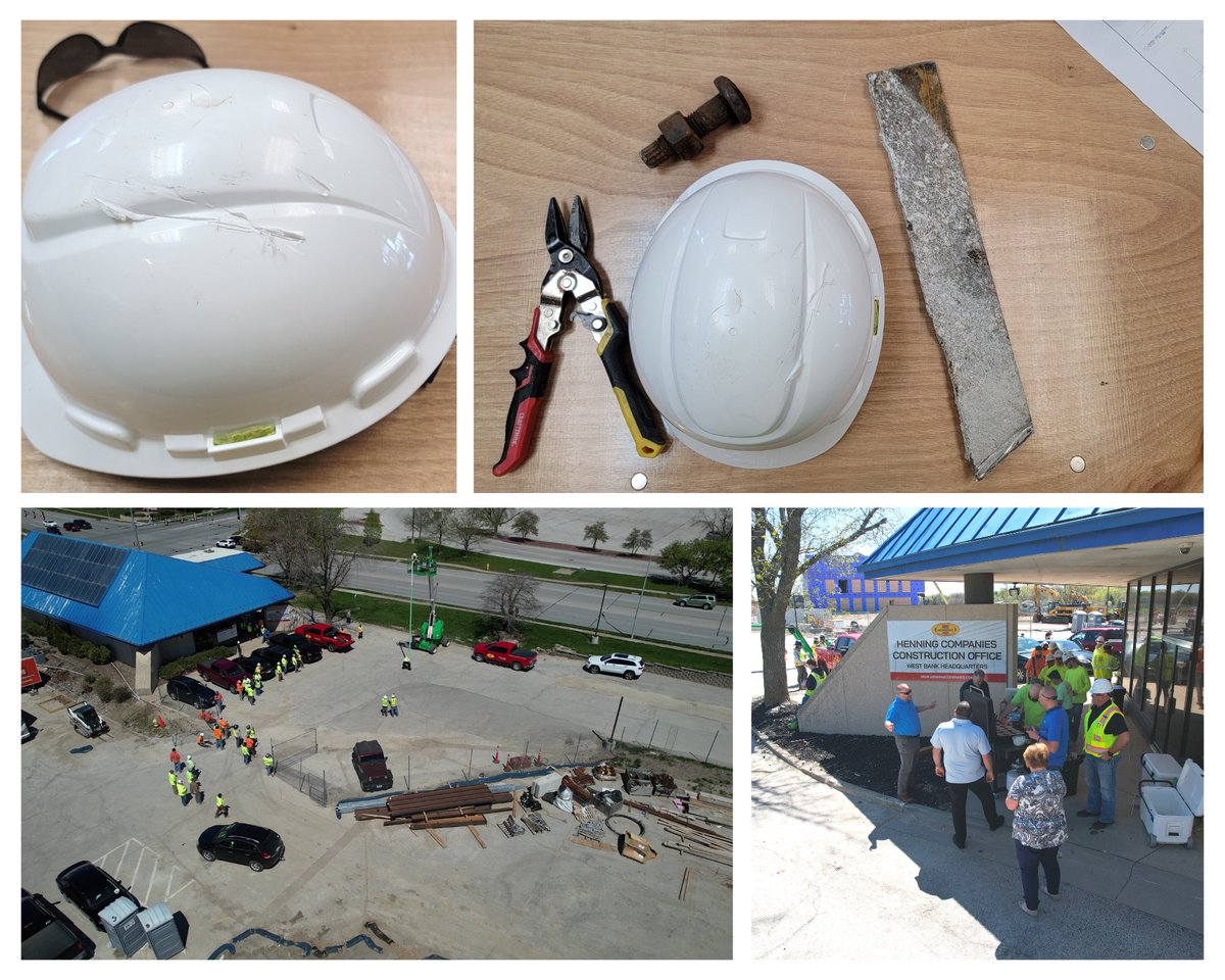 HenningLLC's tweet photo. Last week, Henning Companies did a National Safety Week Stand Down. We demonstrated the effectiveness of hard hat safety by dropping everyday construction site objects from 30 feet. We finished with a conversation about the importance of hardhat awareness across the jobsite. https://t.co/rT32qNzBeZ