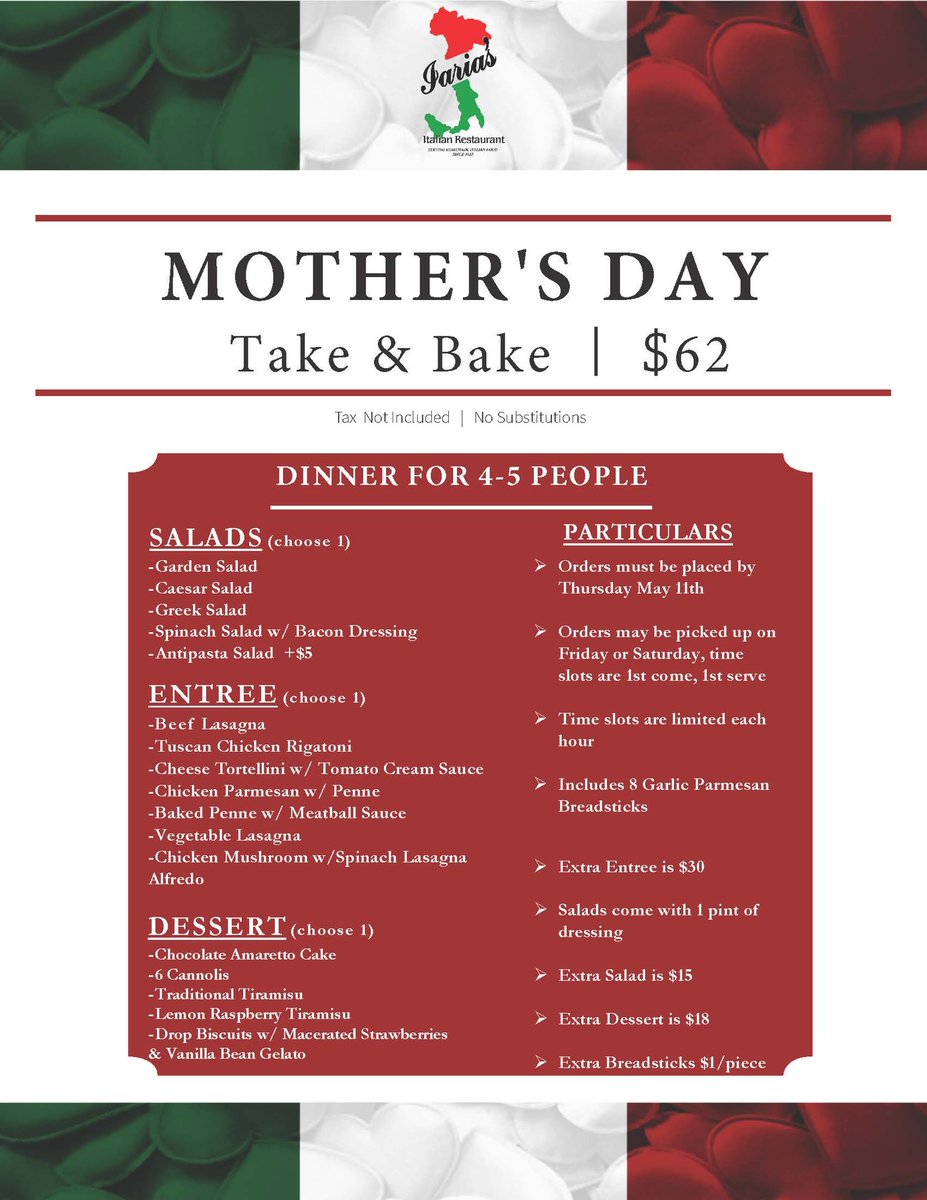 Now taking orders to be picked up on Friday or Saturday to have a nice meal for Mother’s Day. She deserves it!