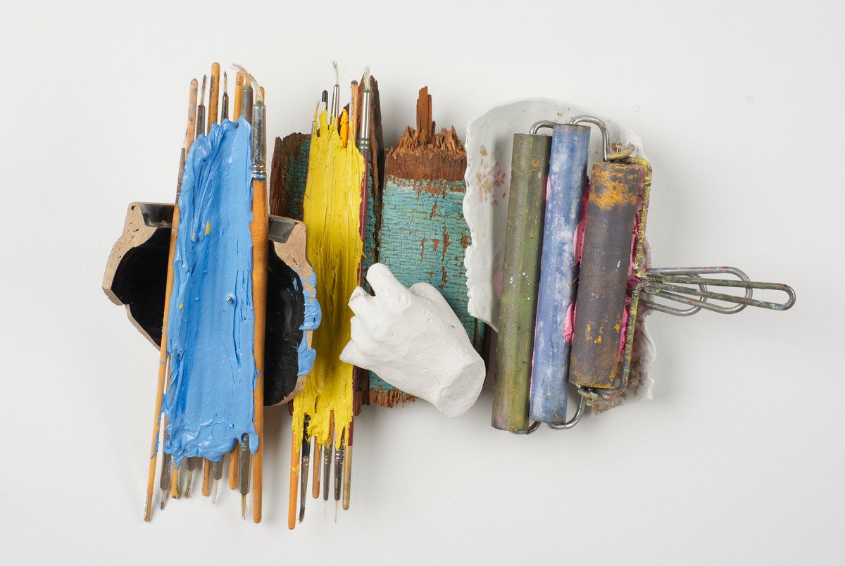 From Jim Condron's upcoming show at Art Cake (Opening Reception May 20th 5-9pm)...

Sangram Majumdar’s Things, 2022-23
Sangram Majumdar’s paint brushes and brayers, oil, wood, ceramic
17 x 26 x 10 inches