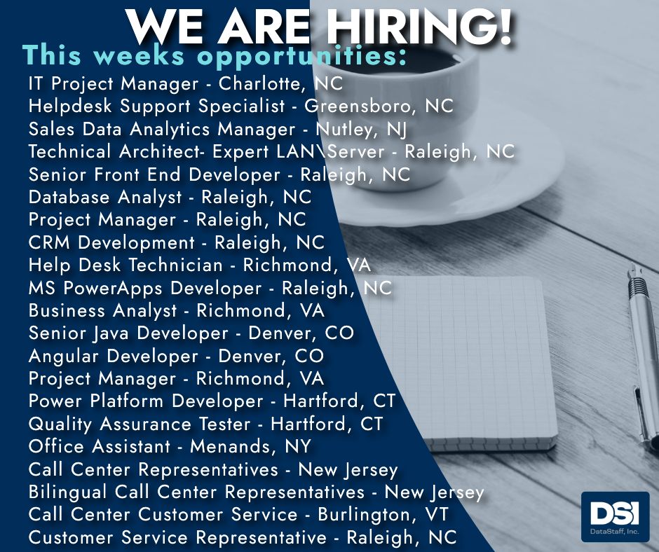 DataStaff's tweet photo. Happy Tuesday🌞 We are hiring!

Please click on this link to view our current opportunities and to apply:
https://t.co/dlcBauy2Hd

Call @DataStaff Inc. 919-874-0009

#hiring #opportunities #jobs https://t.co/Qg700HlVBM