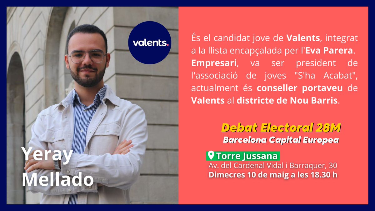👉 Coneix al @YerayMellado, candidat de @valents_cat, integrat a la llista de l'@PareraEva.

Dimecres 10 a les 18.30 h a @tjussana no et perdis el primer debat juvenil pel #28M. 🗳

👇 Inscripció:
forms.gle/69cyzoAQcih6rA…

#FemEuropa 🇪🇺💚 @jefcatalunya