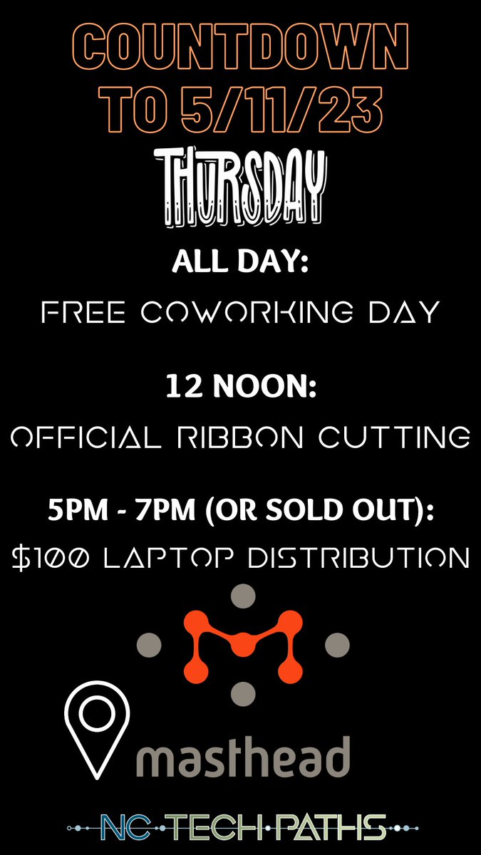 We're only a few days away from May 11th, 2023! 

Lots happening at @mastheadcoworking. Free coworking ALL DAY · Ribbon Cutting at 12noon (CAKE! CAKE! CAKE!) · $100 laptop distribution at 5pm.

711 Main Street, Ste. 103, N. Wilkesboro, NC 28659

#freecoworking #ribboncutting #E2D