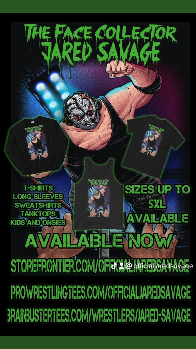 FaceCollectorJS's tweet photo. You know what to do! All the support is appreciated, especially with Camp Xul coming up so fast. Link in bio to all of my stores and social media pages! #LongLiveEvil #LLE #FaceCollector #JaredSavage #Xuligan #SupportIndyWrestling #ProWrestlingTees #BrainbusterTees #Storefrontier https://t.co/WxM3fHKtx9