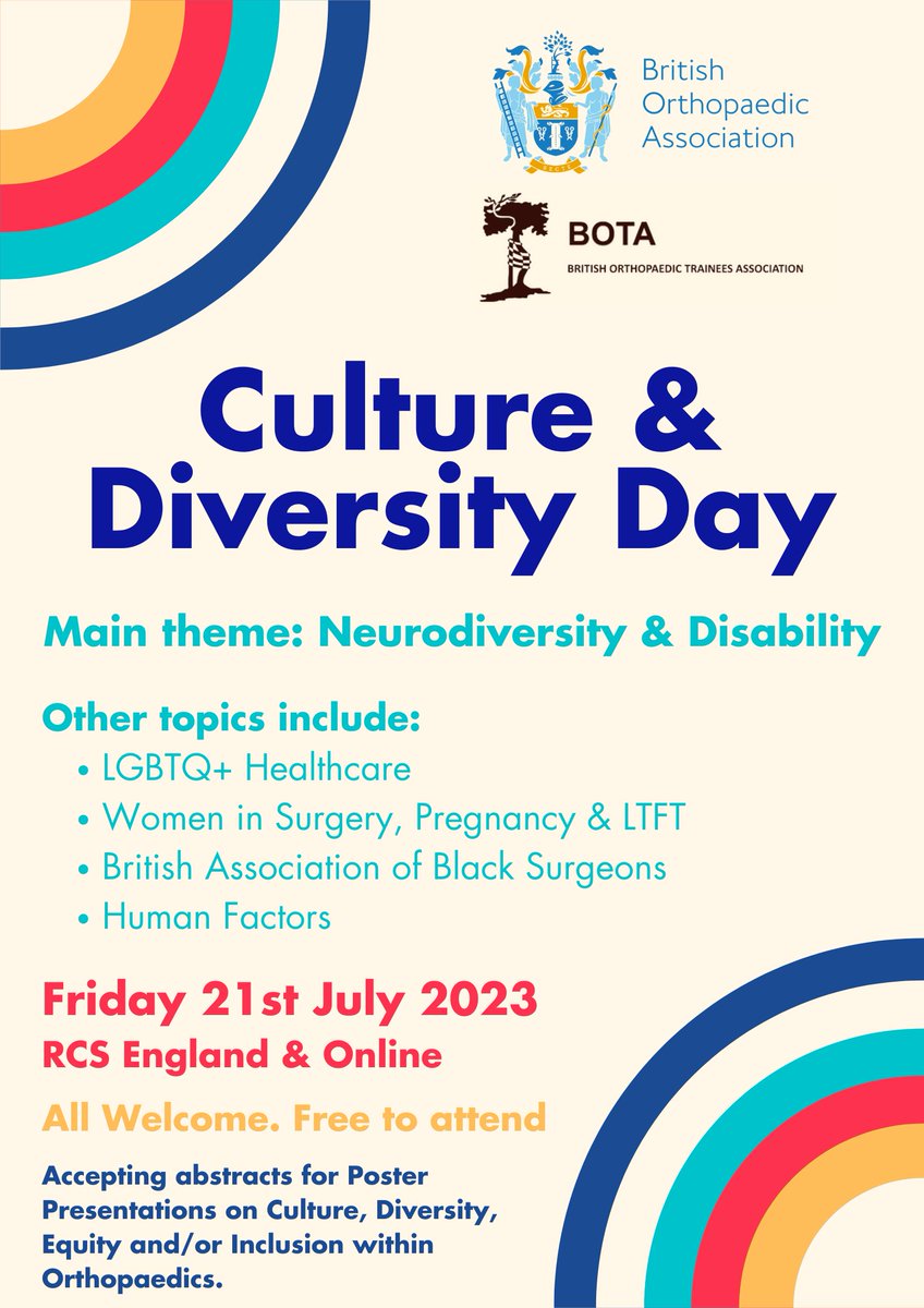 📢 Tickets now available 📢

<a href="/BritOrthopaedic/">BOA</a>
&amp; <a href="/bota_uk/">BOTA</a> #Culture &amp; #Diversity Day

📅 Friday 21st July 📅

app.medall.org/event-listings…

The Royal College of Surgeons of England has awarded up to 6 CPD points

#orthotwitter #medtwitter #Equity #Inclusion #DEI #Neurodivergence