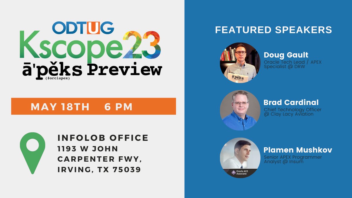 McilroyJackie's tweet photo. If you're in the Dallas/Ft. Worth area and interested in Oracle APEX, I would love to see you at our APEX Meetup next week (May 18th)!

Get a preview of the awesome Oracle APEX content @ODTUG Kscope23 offers from local experts @DougAGault and @roadling, plus a virtual appearance from @plamen_9 🤩

Sign-up by May 17th https://t.co/2l4NjmDamu

#DFW #Meetup #Kscope23 #orclapex